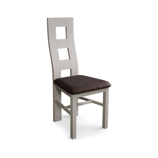 Painted Soft White Flow Back Dining Chairs with Chocolate Brown Leather Seat Pad Dining Chairs Painted