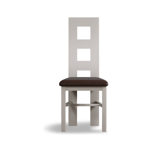 Painted Soft White Flow Back Dining Chairs with Chocolate Brown Leather Seat Pad Dining Chairs Painted