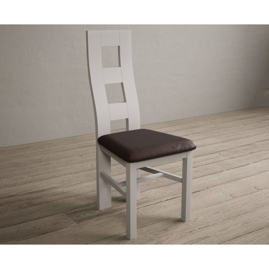 Painted Soft White Flow Back Dining Chairs with Chocolate Brown Leather Seat Pad Dining Chairs Painted