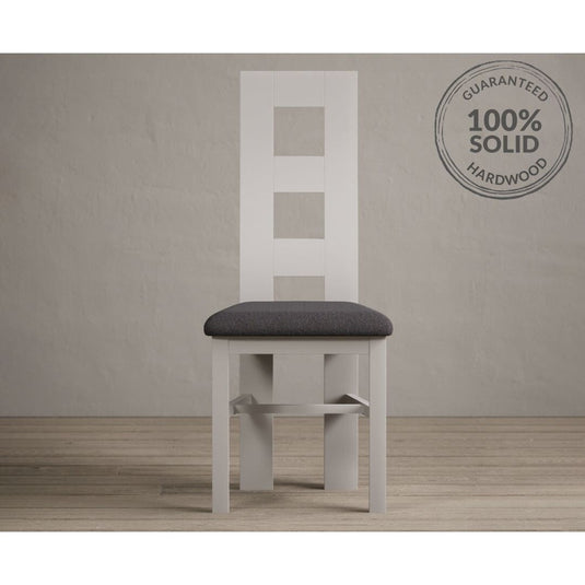 Painted Soft White Flow Back Dining Chairs with Charcoal Grey Fabric Seat Pad Dining Chairs Painted
