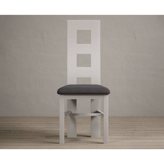 Painted Soft White Flow Back Dining Chairs with Charcoal Grey Fabric Seat Pad Dining Chairs Painted