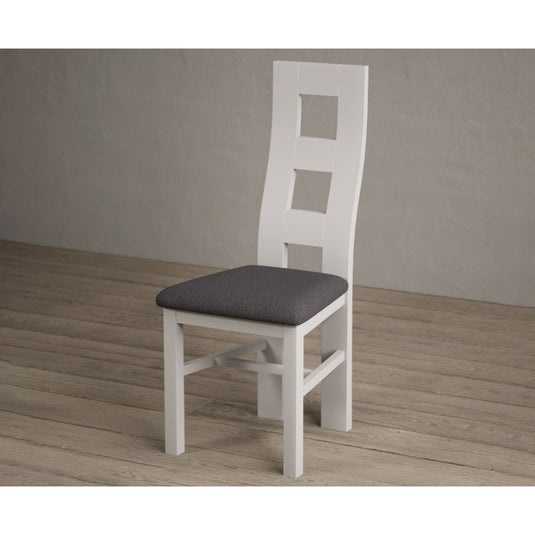 Painted Soft White Flow Back Dining Chairs with Charcoal Grey Fabric Seat Pad Dining Chairs Painted