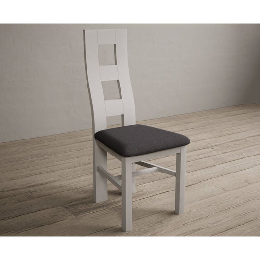 Painted Soft White Flow Back Dining Chairs with Charcoal Grey Fabric Seat Pad Dining Chairs Painted