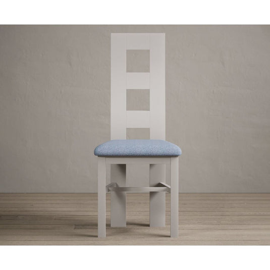 Painted Soft White Flow Back Dining Chairs with Sky Blue Fabric Seat Pad Dining Chairs Painted