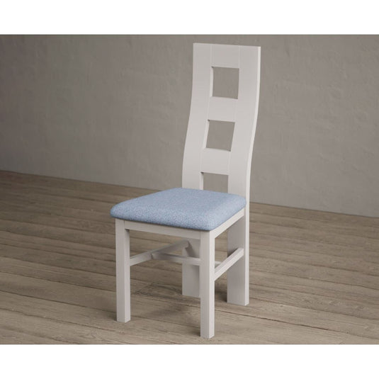 Painted Soft White Flow Back Dining Chairs with Sky Blue Fabric Seat Pad Dining Chairs Painted