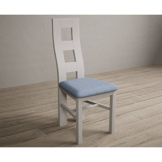 Painted Soft White Flow Back Dining Chairs with Sky Blue Fabric Seat Pad Dining Chairs Painted