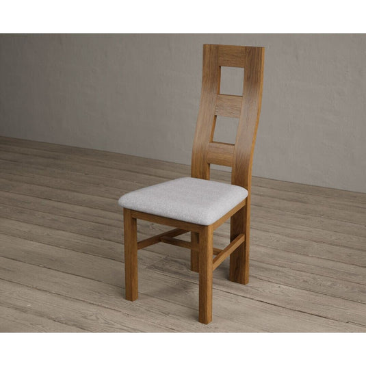 Rustic Solid Oak Flow Back Dining Chairs with Charcoal Grey Fabric Seat Pad Dining Chairs Rustic Solid Oak