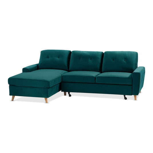Fiordoro Left Facing Chaise Sofa Bed in Green Velvet