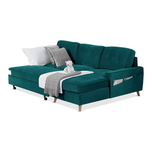 Fiordoro Right Facing Chaise Sofa Bed in Green Velvet