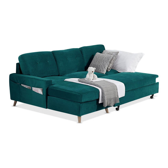 Fiordoro Left Facing Chaise Sofa Bed in Green Velvet