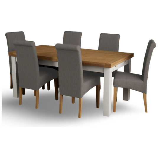 Extending Romney 180cm Oak and Chalk White Painted Dining Table with Scroll Back Chairs