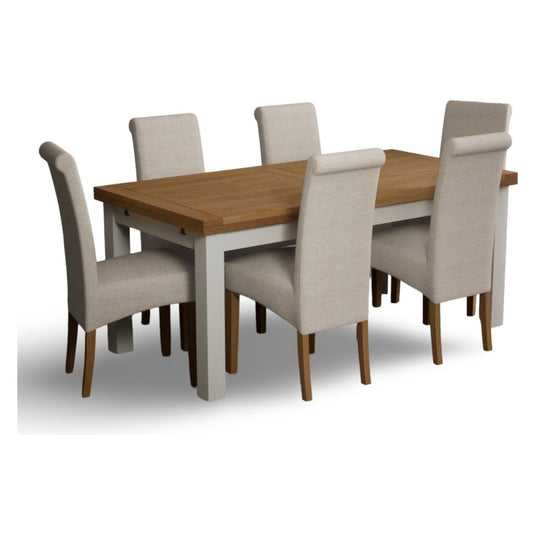 Extending Romney 180cm Oak and Chalk White Painted Dining Table with Scroll Back Chairs
