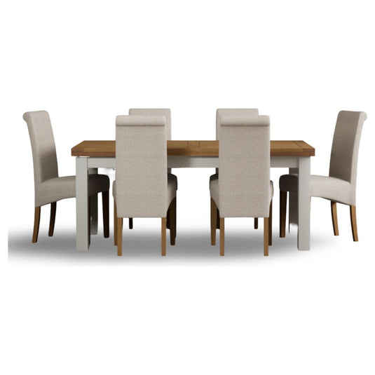 Extending Romney 180cm Oak and Chalk White Painted Dining Table with Scroll Back Chairs