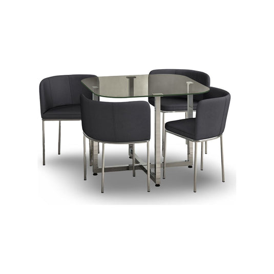 Santorini Glass Stowaway Dining Table with Grey High Back Stools