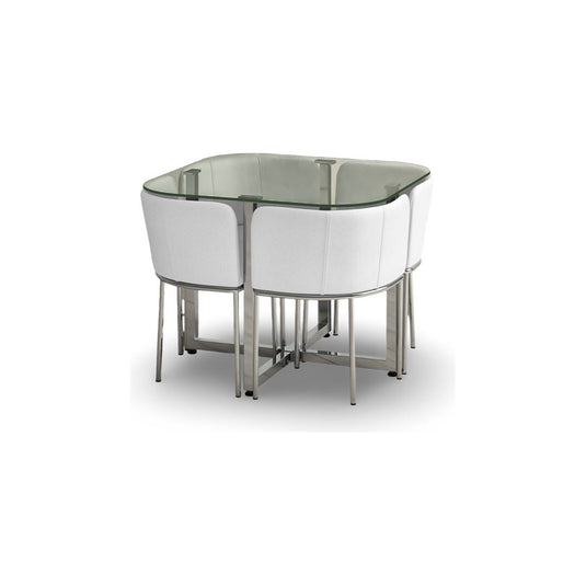 Santorini Glass Stowaway Dining Table with White High Back Stools