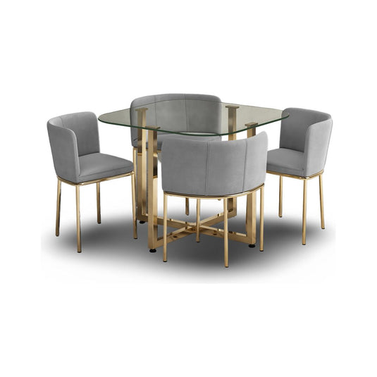Santorini Glass Stowaway Dining Table Gold Leg with Grey Velvet High Back Stools