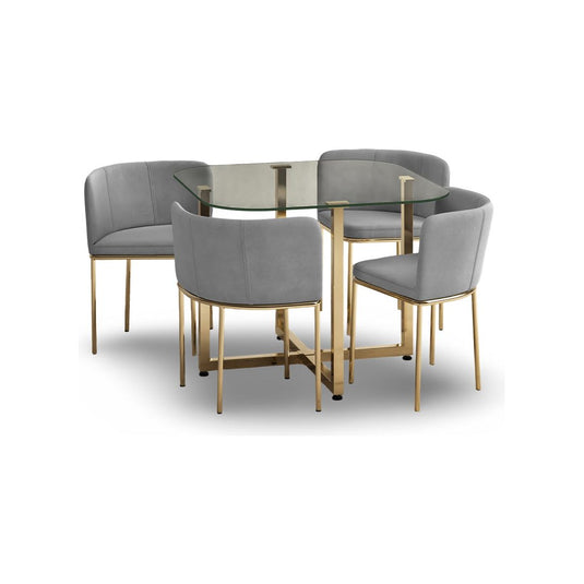Santorini Glass Stowaway Dining Table Gold Leg with Grey Velvet High Back Stools