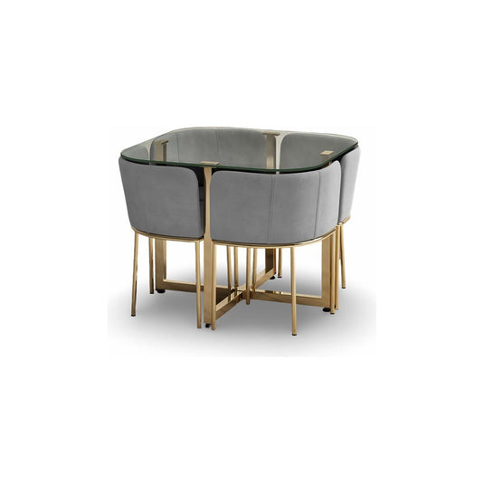 Santorini Glass Stowaway Dining Table Gold Leg with Grey Velvet High Back Stools