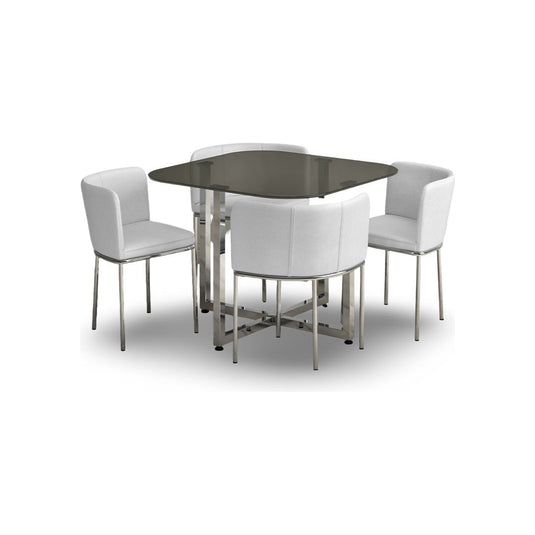 Santorini Grey Glass Stowaway Dining Table with White High Back Stools