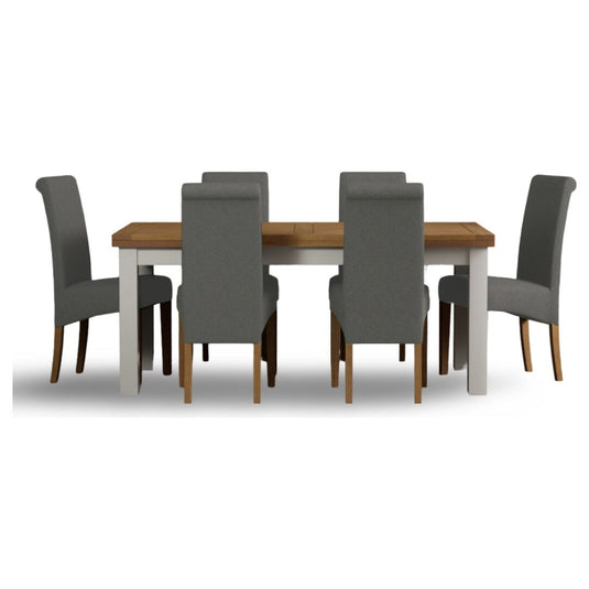 Extending Romney 180cm Oak and Chalk White Painted Dining Table with Scroll Back Chairs