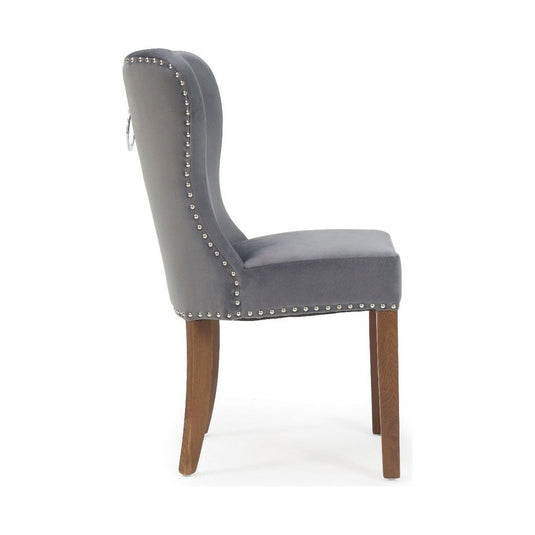 Keswick Studded Grey Velvet Dark Oak Leg Dining Chairs Dining Chairs Keswick
