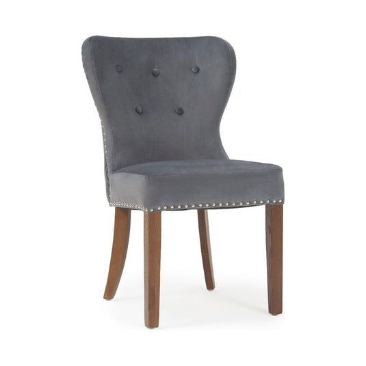 Keswick Studded Grey Velvet Dark Oak Leg Dining Chairs Dining Chairs Keswick
