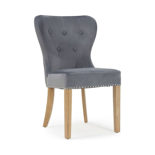 Keswick Studded Grey Velvet Oak Leg Dining Chairs Dining Chairs Keswick