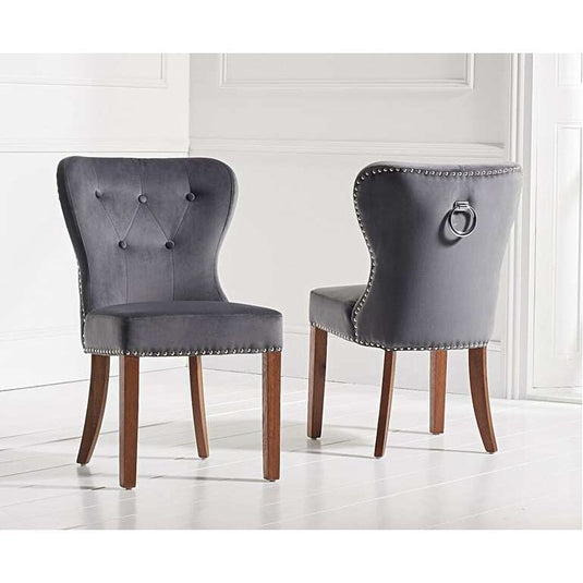 Keswick Studded Grey Velvet Dark Oak Leg Dining Chairs Dining Chairs Keswick