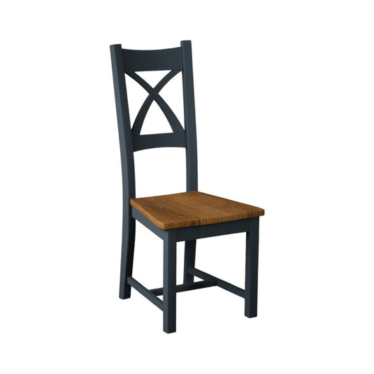 Painted Dark Blue X Back Dining Chairs with Rustic Oak Seat Pad Dining Chairs Painted