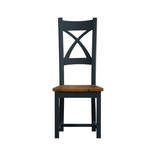 Painted Dark Blue X Back Dining Chairs with Rustic Oak Seat Pad Dining Chairs Painted
