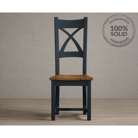 Painted Dark Blue X Back Dining Chairs with Rustic Oak Seat Pad Dining Chairs Painted