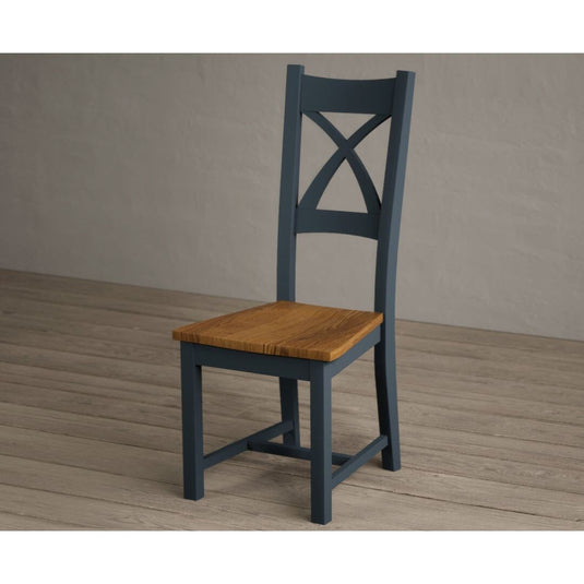 Painted Dark Blue X Back Dining Chairs with Rustic Oak Seat Pad Dining Chairs Painted