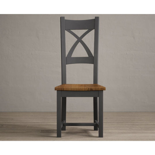 Painted Charcoal Grey X Back Dining Chairs with Rustic Oak Seat Pad Dining Chairs Painted