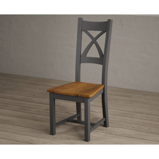 Painted Charcoal Grey X Back Dining Chairs with Rustic Oak Seat Pad Dining Chairs Painted