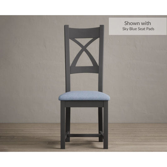 Painted Charcoal Grey X Back Dining Chairs with Sky Blue Fabric Seat Pad Dining Chairs Painted