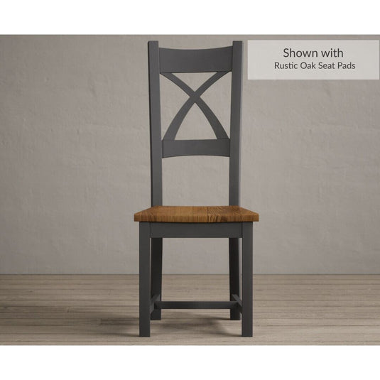 Painted Charcoal Grey X Back Dining Chairs with Rustic Oak Seat Pad Dining Chairs Painted