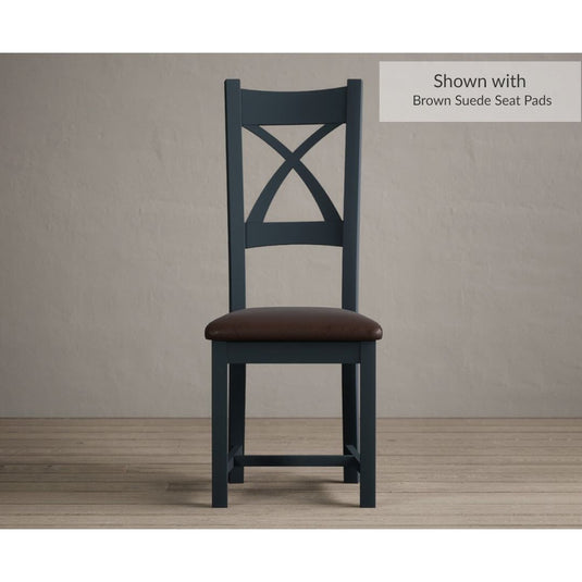 Painted Dark Blue X Back Dining Chairs with Chocolate Brown Leather Seat Pad Dining Chairs Painted Dark Blue Brown Suede
