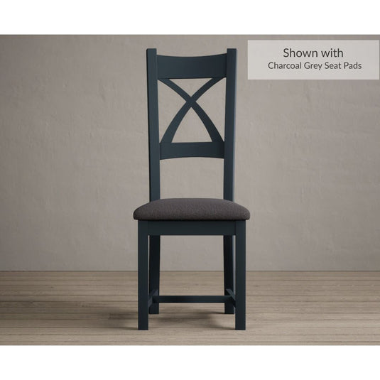 Painted Dark Blue X Back Dining Chairs with Charcoal Grey Fabric Seat Pad Dining Chairs Painted Dark Blue Charcoal Grey