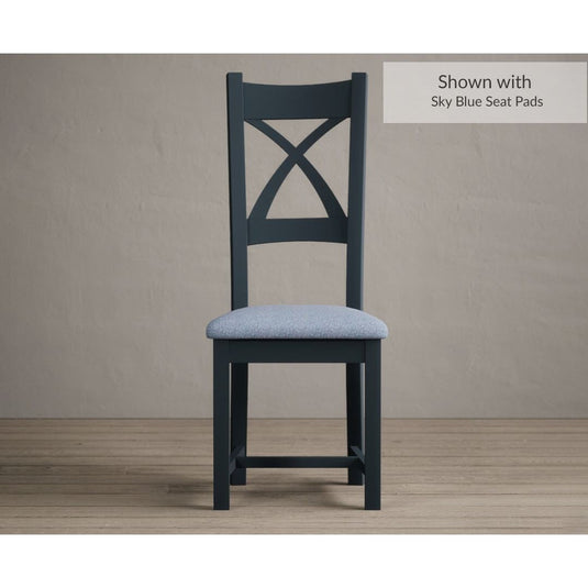 Painted Dark Blue X Back Dining Chairs with Sky Blue Fabric Seat Pad Dining Chairs Painted Dark Blue Blue