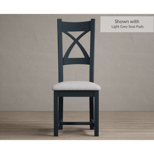 Painted Dark Blue X Back Dining Chairs with Light Grey Fabric Seat Pad Dining Chairs Painted Dark Blue Light Grey