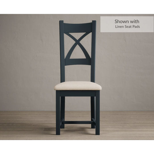 Painted Dark Blue X Back Dining Chairs with Linen Seat Pad Dining Chairs Painted Dark Blue Linen