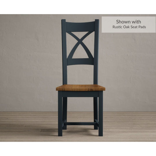 Painted Dark Blue X Back Dining Chairs with Rustic Oak Seat Pad Dining Chairs Painted
