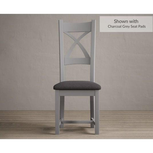 Painted Light Grey X Back Dining Chairs with Charcoal Grey Fabric Seat Pad Dining Chairs Painted Light Grey Charcoal Grey