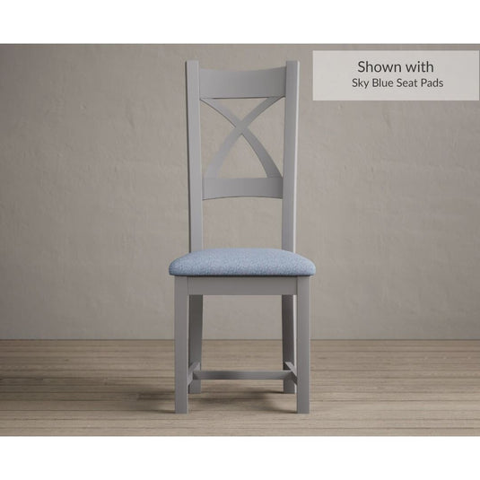 Painted Light Grey X Back Dining Chairs with Sky Blue Fabric Seat Pad Dining Chairs Painted Light Grey Blue