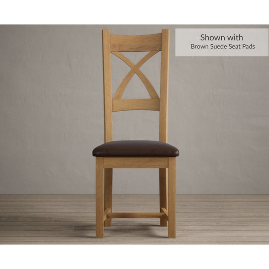 Natural Solid Oak X Back Dining Chairs with Chocolate Brown Leather Seat Pad Dining Chairs Natural