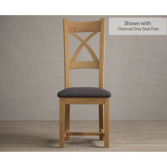 Natural Solid Oak X Back Dining Chairs with Charcoal Grey Fabric Seat Pad Dining Chairs Natural