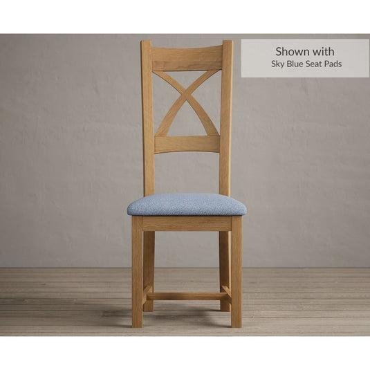 Natural Solid Oak X Back Dining Chairs with Sky Blue Fabric Seat Pad Dining Chairs Natural
