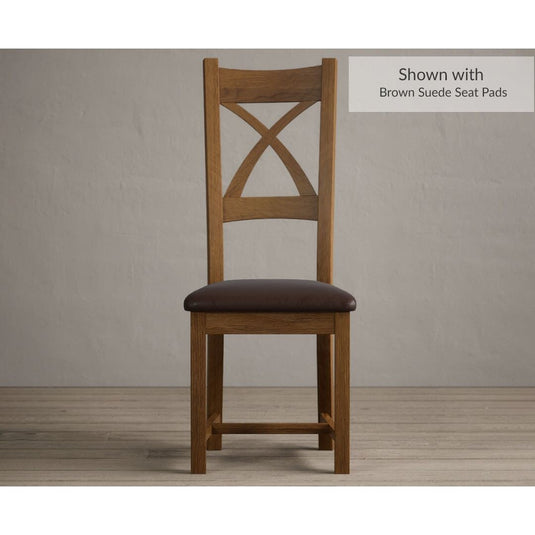 Rustic Solid Oak X Back Dining Chairs with Chocolate Brown Leather Seat Pad Dining Chairs Rustic Solid Oak Rustic Oak Brown Suede