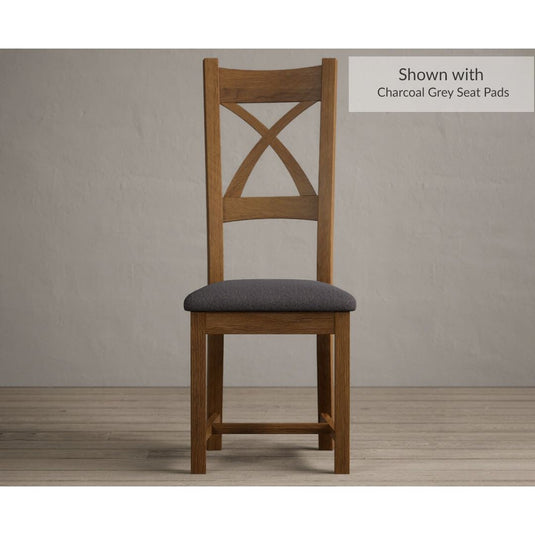 Rustic Solid Oak X Back Dining Chairs with Charcoal Grey Fabric Seat Pad Dining Chairs Rustic Solid Oak Rustic Oak Charcoal Grey