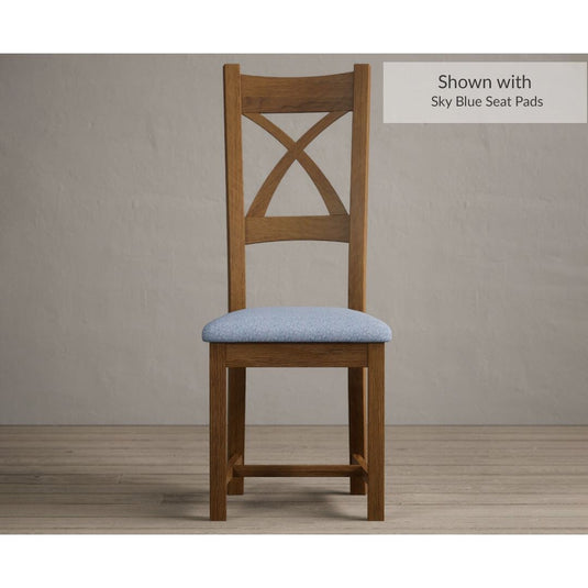 Rustic Solid Oak X Back Dining Chairs with Sky Blue Fabric Seat Pad Dining Chairs Rustic Solid Oak Rustic Oak Blue